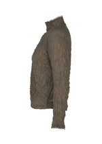 Side view of the KUMO SHIBORI by HaaT, a long-sleeved, khaki tie-dye tricot jersey top with a high neck and ruching details, shown against a plain white background.