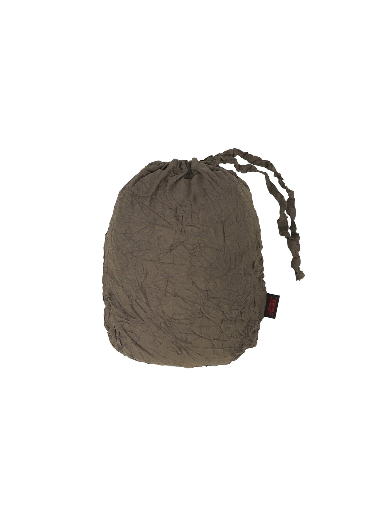 Zoomed view An olive-green KUMO SHIBORI drawstring bag by HaaT, featuring a small black and red tag, inspired by traditional patterns and shown on a white background.