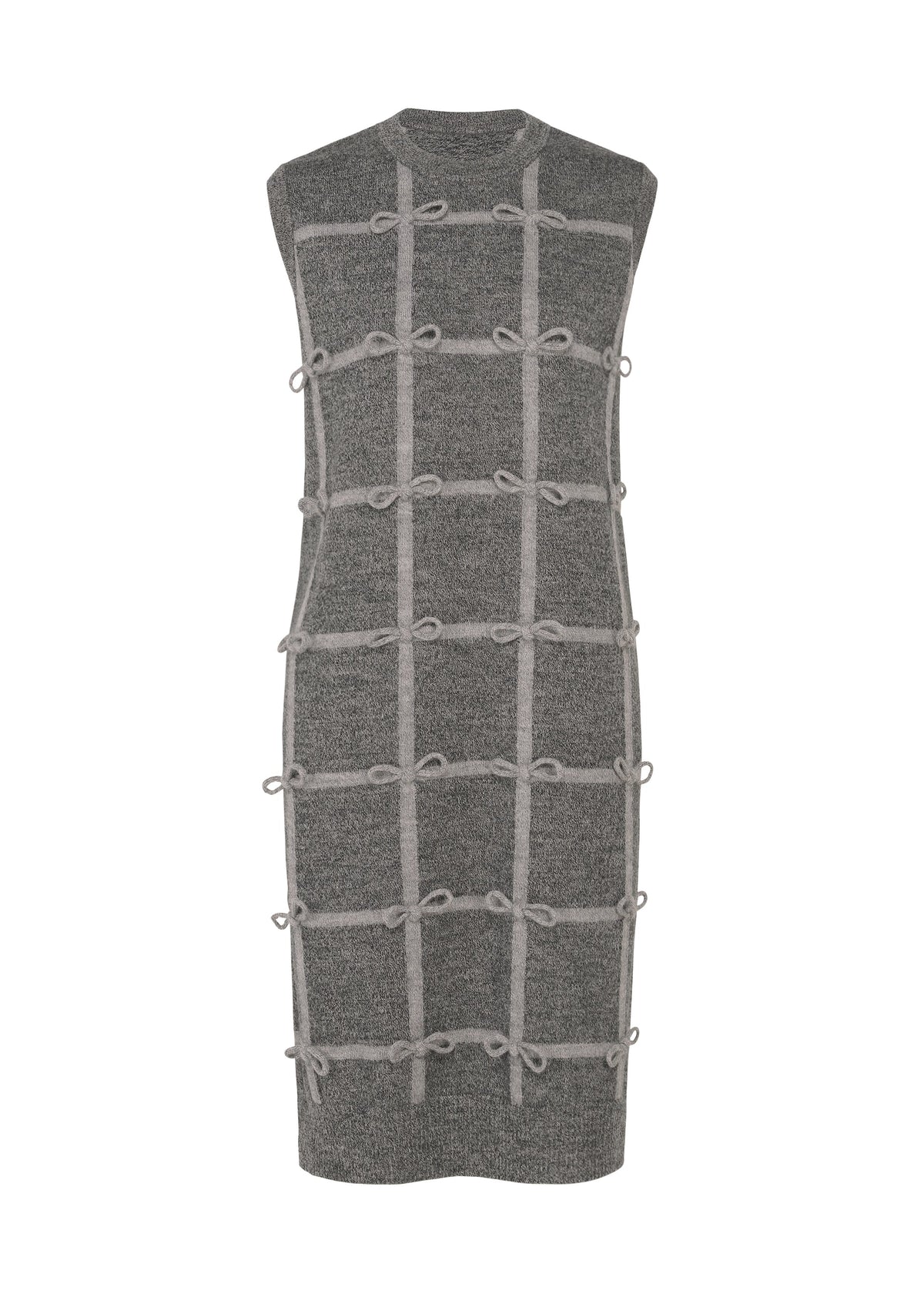 The RIBBON KNIT by HaaT is a sleeveless gray wool knit dress with a raised grid pattern, featuring small knots at the intersections for enhanced texture. view 1 of 8