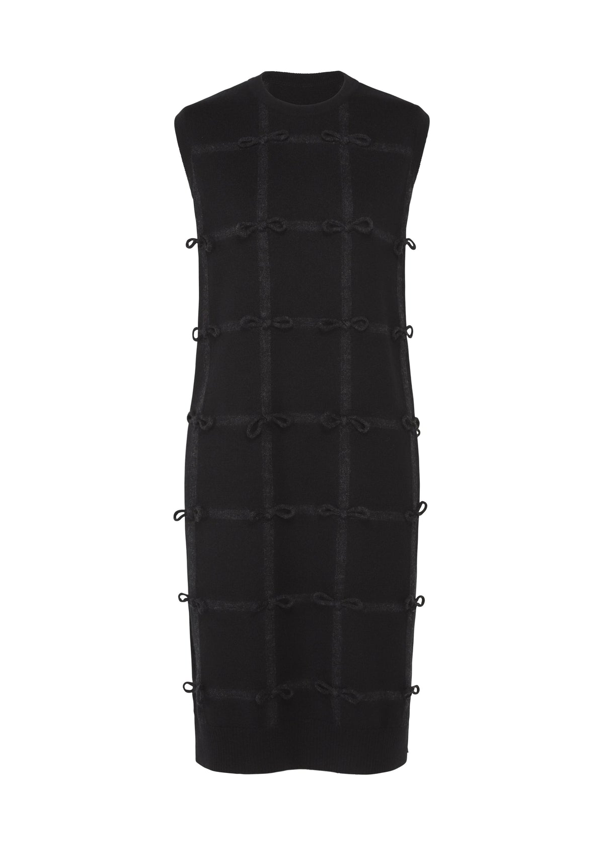 The RIBBON KNIT by HaaT is a sleeveless black knit knee-length dress with a high neckline and grid pattern, each intersection adorned with tied ribbons. view 2 of 8