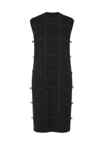 The RIBBON KNIT by HaaT is a sleeveless black knit knee-length dress with a high neckline and grid pattern, each intersection adorned with tied ribbons. - BLACK （no.15）