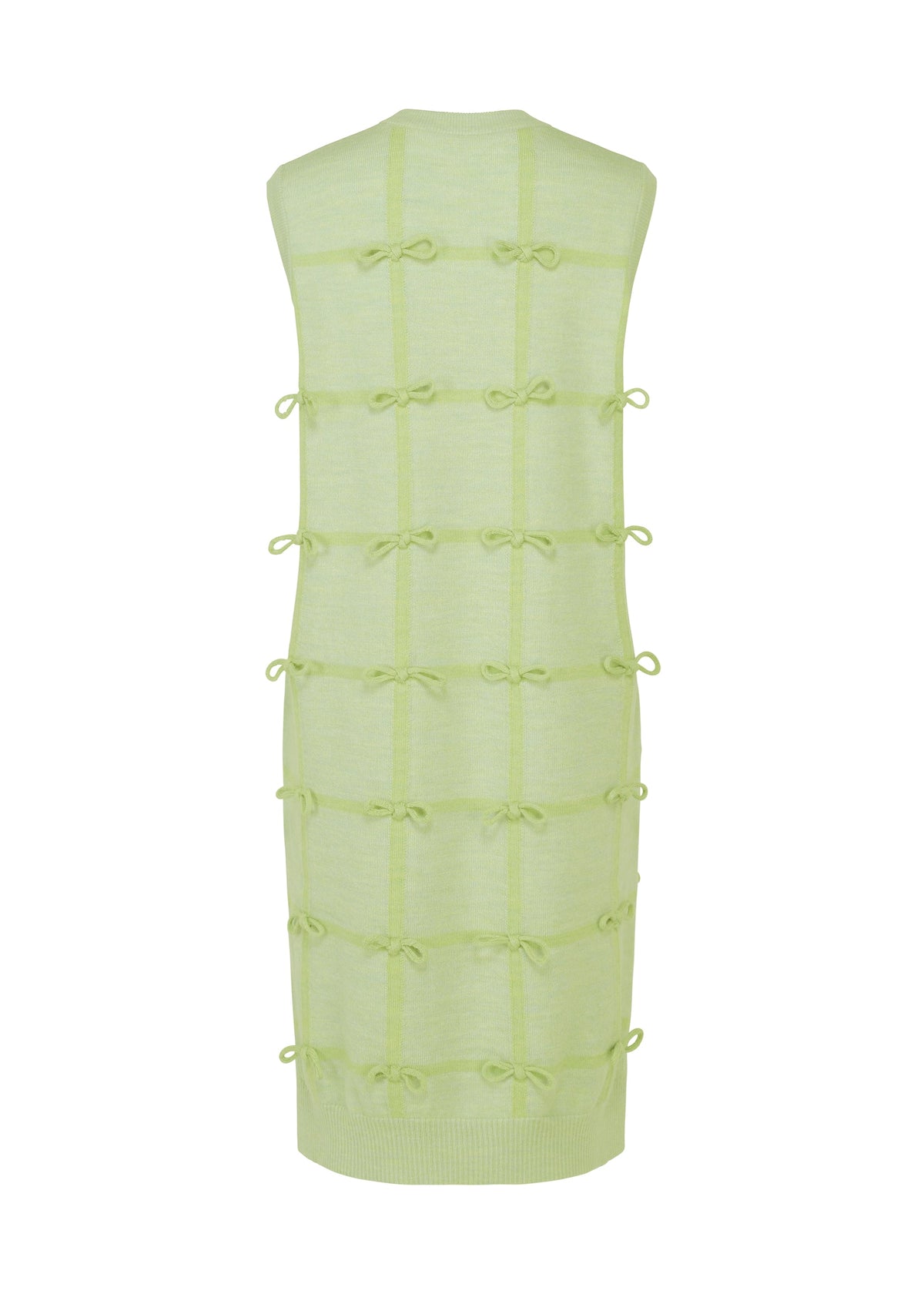 The HaaT RIBBON KNIT is a sleeveless, light green dress in grid-patterned knit fabric with tied ribbons at each intersection, ribbed edges, and a knee-length hem for a charming finish. view 3 of 8