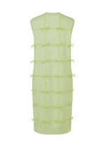The HaaT RIBBON KNIT is a sleeveless, light green dress in grid-patterned knit fabric with tied ribbons at each intersection, ribbed edges, and a knee-length hem for a charming finish.