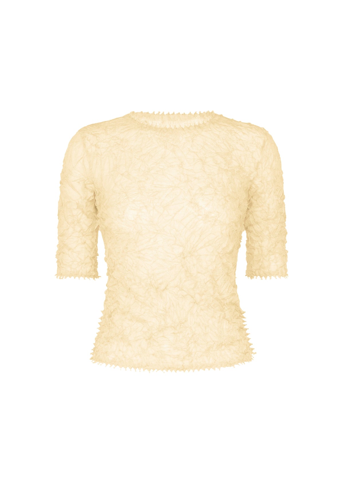 The KUMO SHIBORI KNIT SHEER by HaaT is a cream, short-sleeve ramie-blend top with a round neck, fitted silhouette, floral-like pattern, and subtly scalloped edges on the sleeves, hem, and collar. view 1 of 9