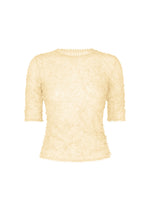 The KUMO SHIBORI KNIT SHEER by HaaT is a cream, short-sleeve ramie-blend top with a round neck, fitted silhouette, floral-like pattern, and subtly scalloped edges on the sleeves, hem, and collar. - OFF WHITE （no.02）
