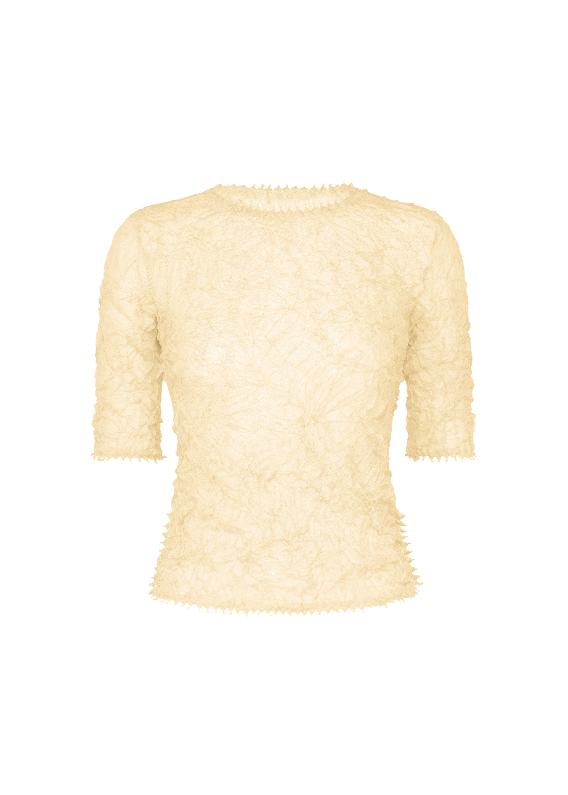 Zoomed view The KUMO SHIBORI KNIT SHEER by HaaT is a cream, short-sleeve ramie-blend top with a round neck, fitted silhouette, floral-like pattern, and subtly scalloped edges on the sleeves, hem, and collar. - OFF WHITE （no.02）
