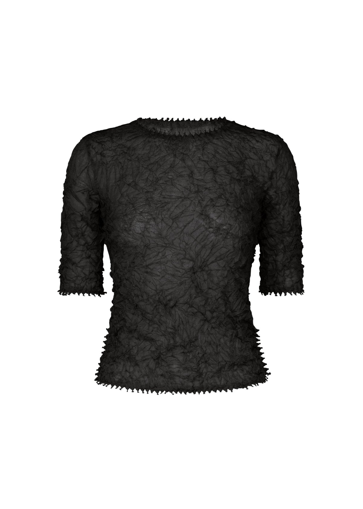 The KUMO SHIBORI KNIT SHEER by HaaT is a black, semi-sheer ramie-blend top featuring a textured crinkled pattern and subtle zigzag edges on the sleeves, hem, and neckline. view 2 of 9