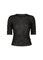 The KUMO SHIBORI KNIT SHEER by HaaT is a black, semi-sheer ramie-blend top featuring a textured crinkled pattern and subtle zigzag edges on the sleeves, hem, and neckline. - BLACK （no.15）