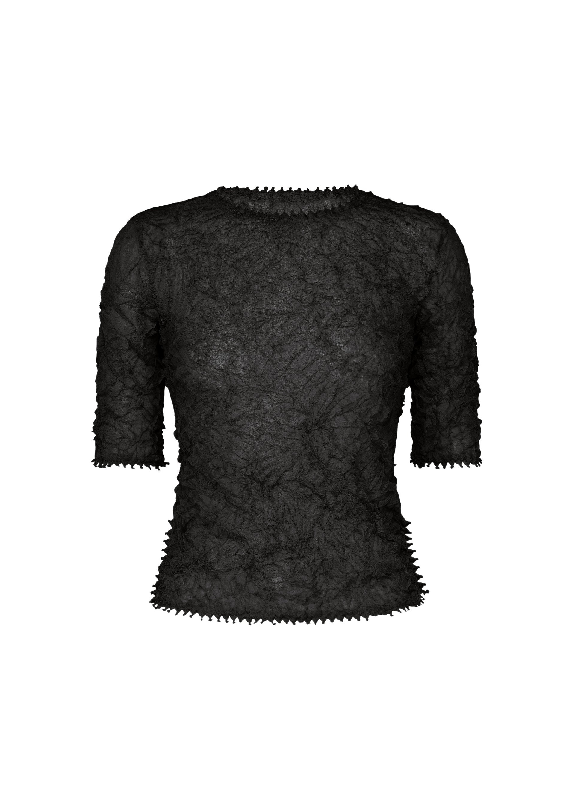 Zoomed view The KUMO SHIBORI KNIT SHEER by HaaT is a black, semi-sheer ramie-blend top featuring a textured crinkled pattern and subtle zigzag edges on the sleeves, hem, and neckline. - BLACK （no.15）