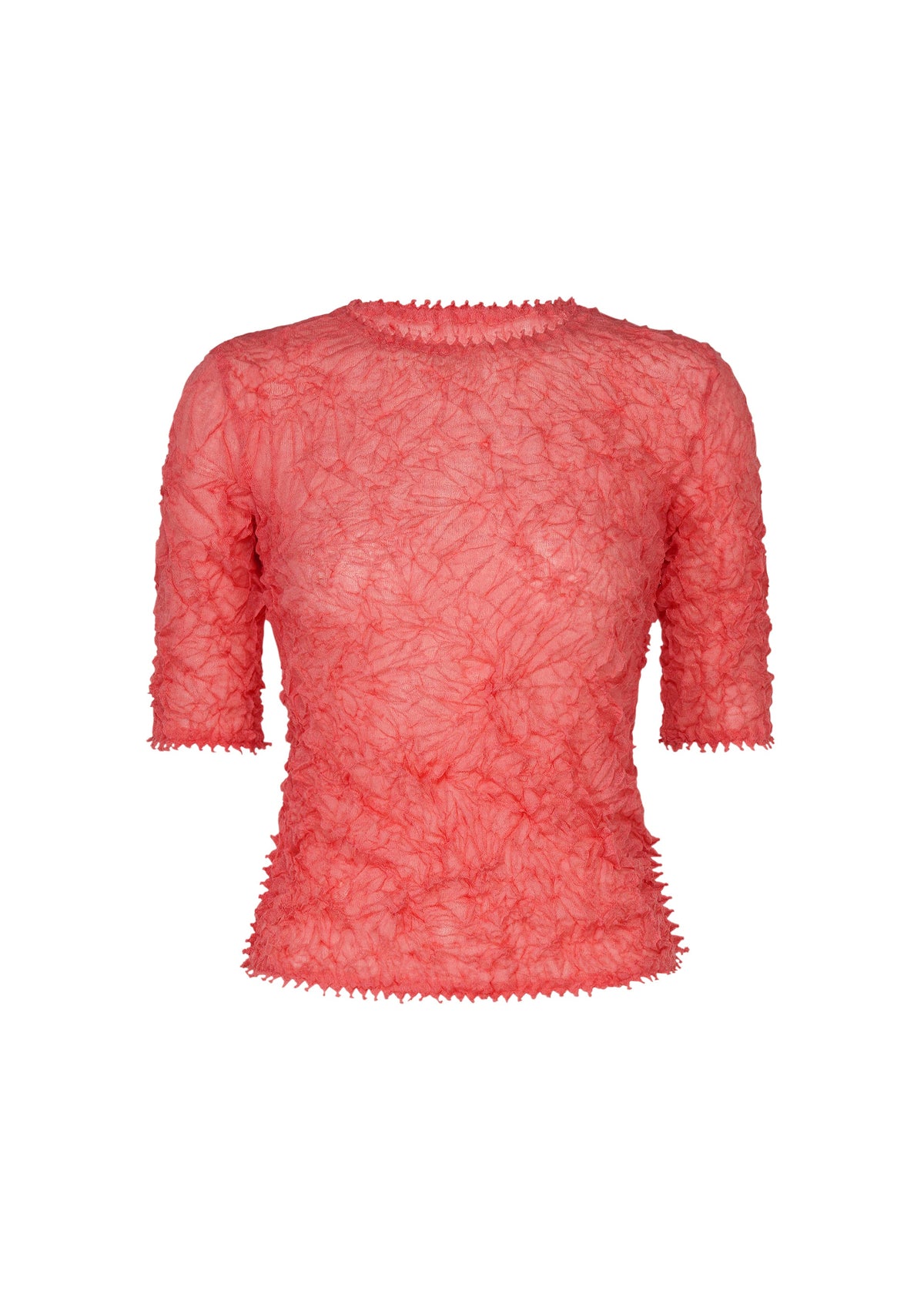 The KUMO SHIBORI KNIT SHEER by HaaT is a semi-sheer, short-sleeved red top with a round neck, ruffled edges, and a crinkled, leaf-like pattern. Made from a ramie-blend fabric for unique texture and style. view 3 of 9