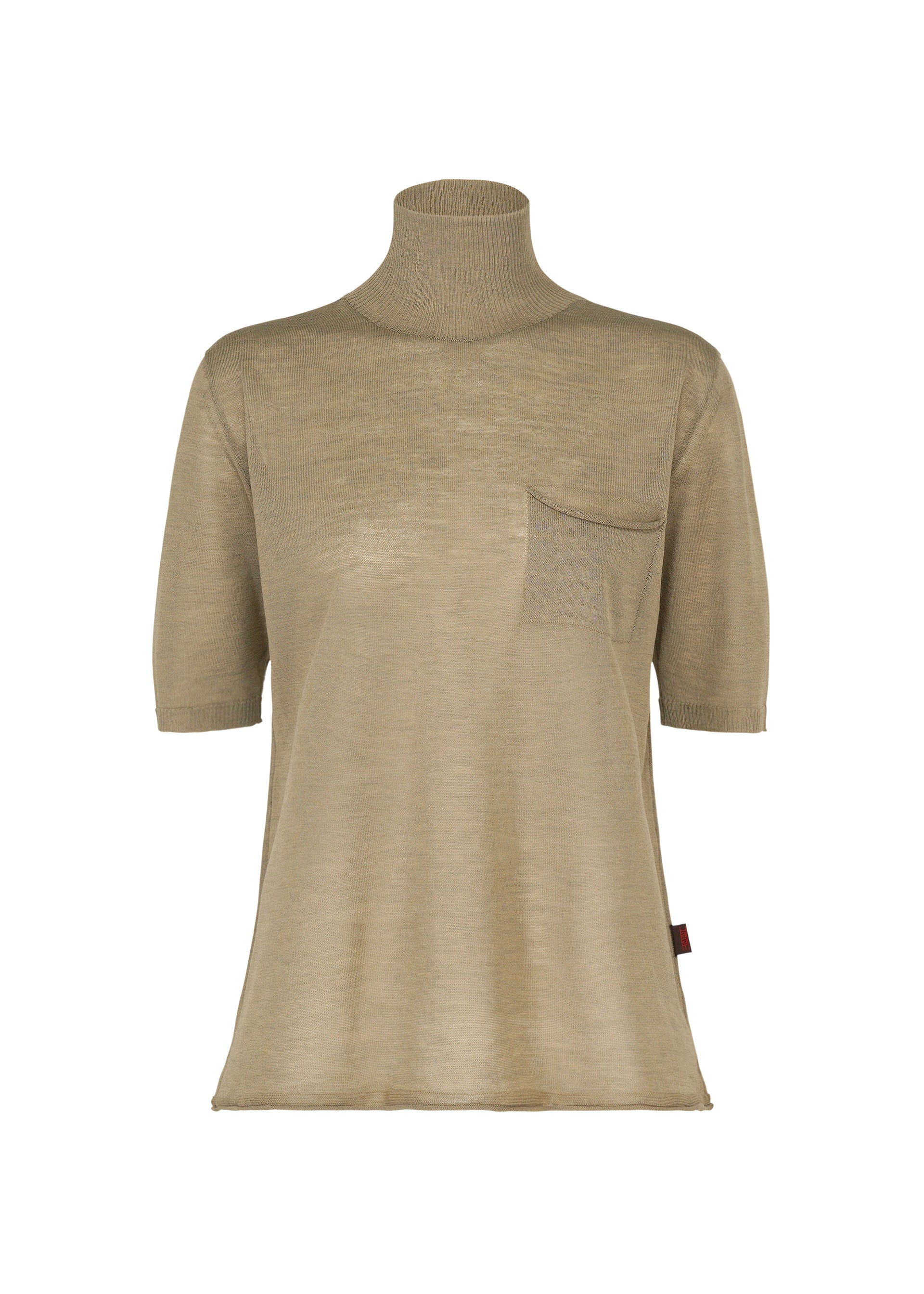 Zoomed view The AIRY POCKET LAYERS top by HaaT is a beige, short-sleeve turtleneck crafted from a lightweight, sheer polyester-wool blend. Designed with minimalist knitting, it features a chest pocket, straight hem, and a small red tag on the left side. - SAND （no.47）
