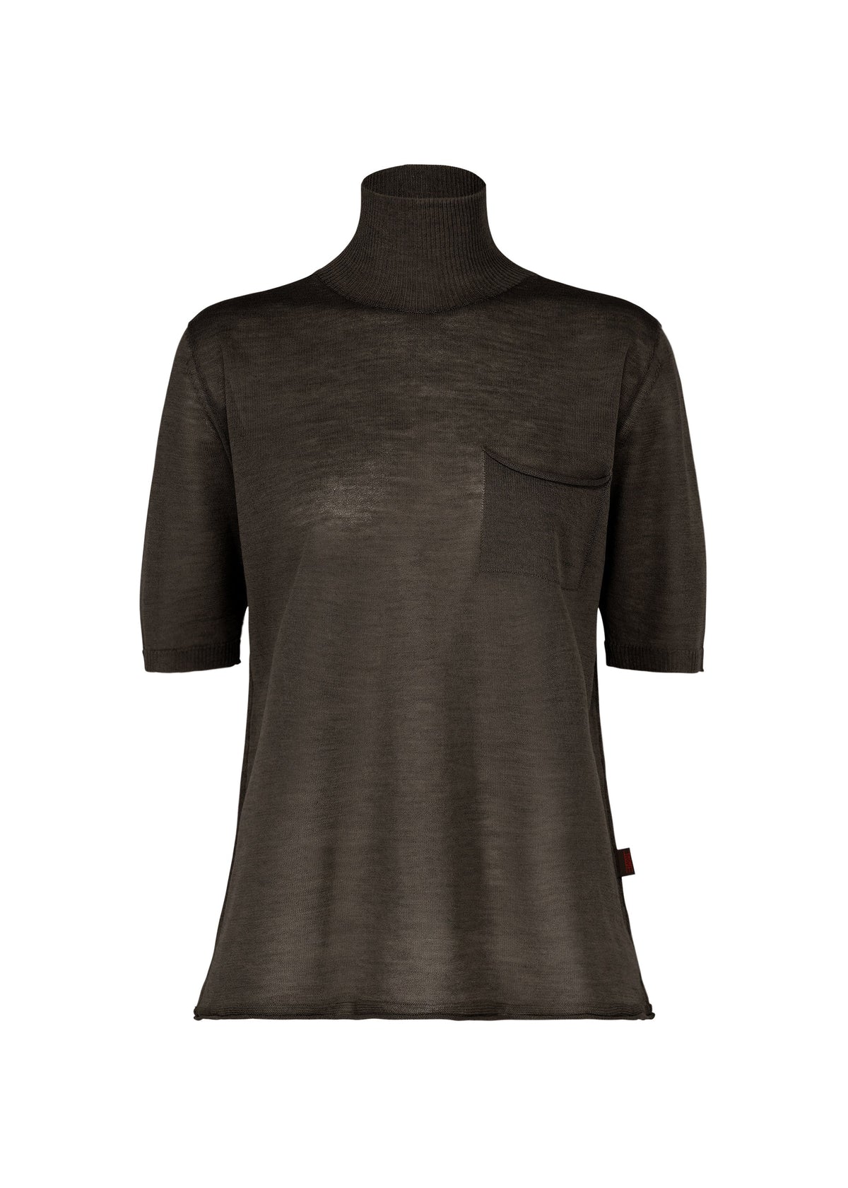 The AIRY POCKET LAYERS short-sleeved knit turtleneck shirt by HaaT, shown in dark brown against a plain white background, features a chest pocket and is crafted from a lightweight, semi-sheer polyester wool blend—ideal for fans of minimalist knitwear. view 2 of 8