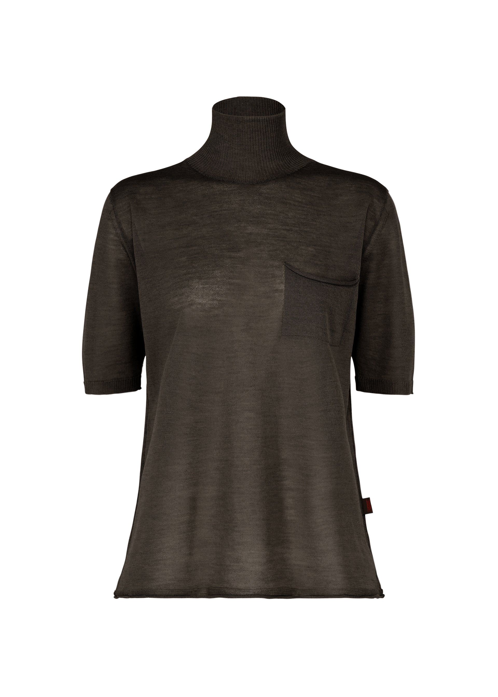 Zoomed view The AIRY POCKET LAYERS short-sleeved knit turtleneck shirt by HaaT, shown in dark brown against a plain white background, features a chest pocket and is crafted from a lightweight, semi-sheer polyester wool blend—ideal for fans of minimalist knitwear. - CRAY （no.48）