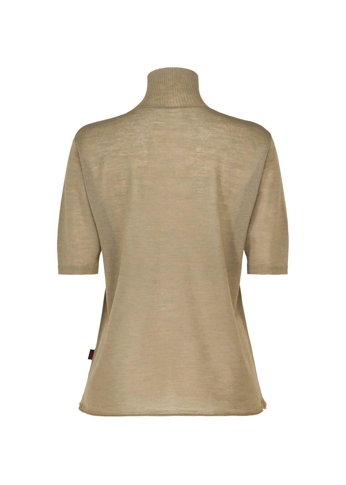 The AIRY POCKET LAYERS by HaaT is a beige short-sleeve turtleneck sweater, displayed from the back. It has a straight hem and a slightly loose fit. Crafted from a lightweight polyester-wool blend with minimalist knitting, the semi-sheer material offers comfort and is ideal for layering. view 4 of 8