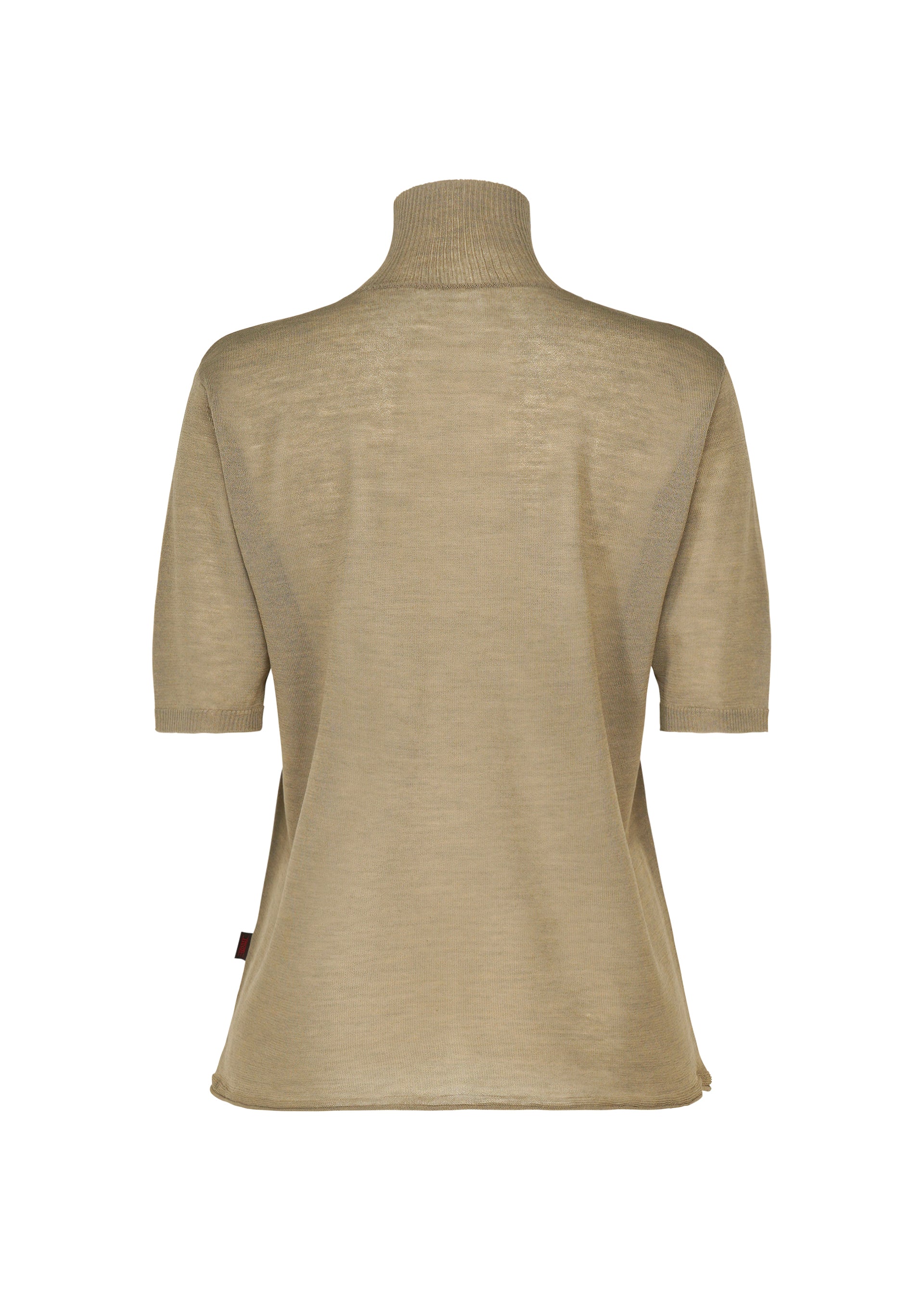Zoomed view The AIRY POCKET LAYERS by HaaT is a beige short-sleeve turtleneck sweater, displayed from the back. It has a straight hem and a slightly loose fit. Crafted from a lightweight polyester-wool blend with minimalist knitting, the semi-sheer material offers comfort and is ideal for layering.