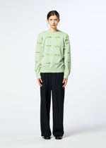A person faces forward, wearing HaaT’s RIBBON KNIT—a light green long-sleeved textured sweater—paired with black wide-leg pants and black shoes against a plain white background.