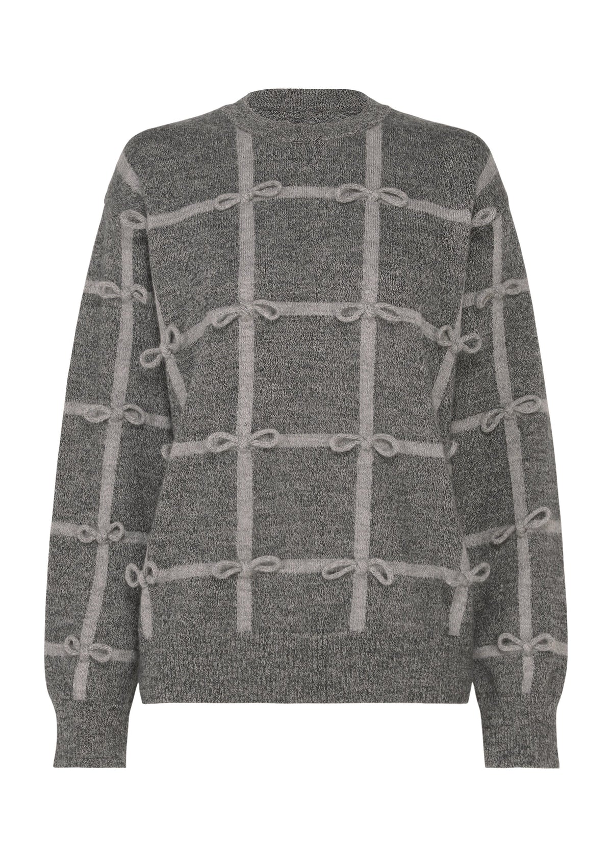 RIBBON KNIT by HaaT: A gray long-sleeved knit sweater featuring a grid of raised light gray lines and small tied ribbons at each intersection, shown on a white background. view 1 of 7