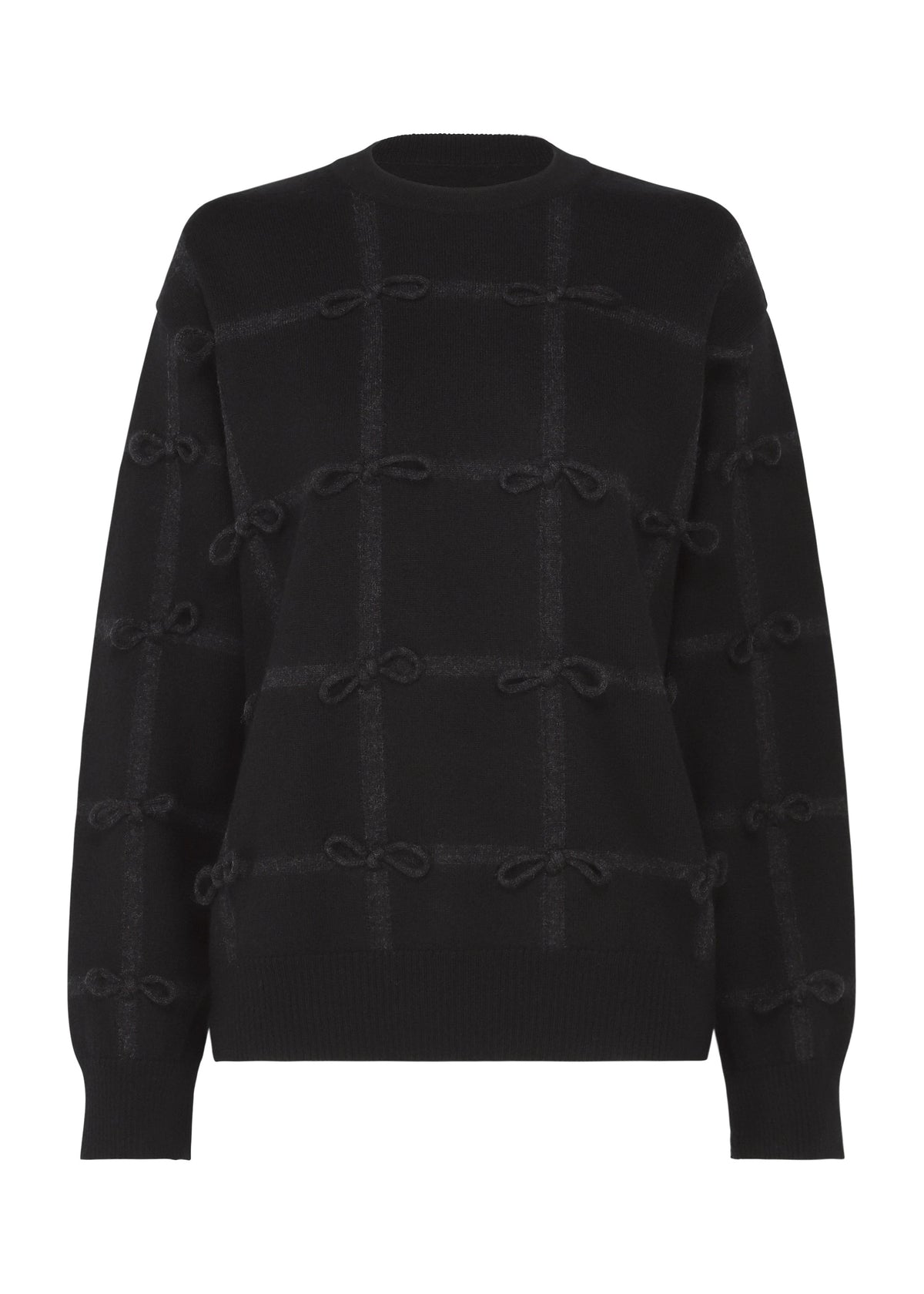 The RIBBON KNIT by HaaT is a black, long-sleeved knit sweater featuring a subtle checkered pattern, tied ribbon details on the front and sleeves, and finished with a crew neck plus ribbed cuffs and hem. view 2 of 7