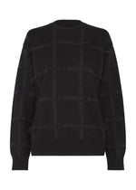 The RIBBON KNIT by HaaT is a black, long-sleeved knit sweater featuring a subtle checkered pattern, tied ribbon details on the front and sleeves, and finished with a crew neck plus ribbed cuffs and hem. - BLACK （no.15）
