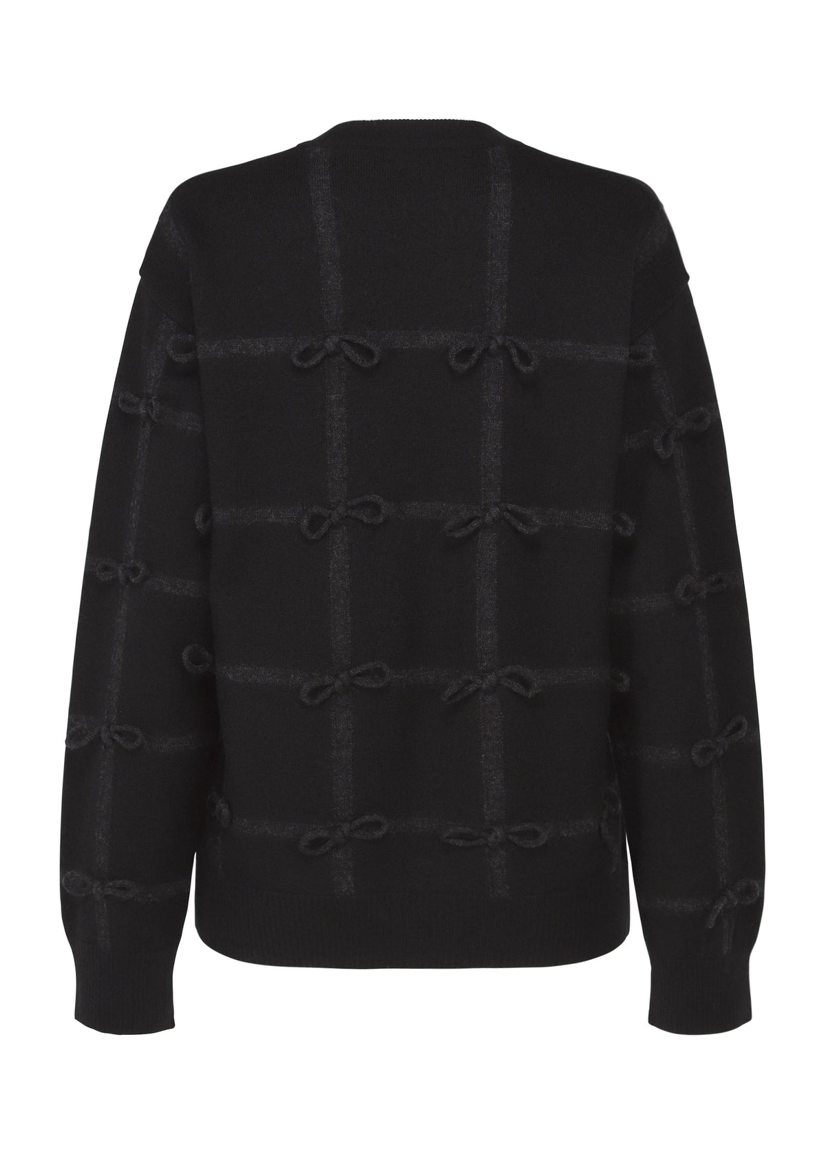 The RIBBON KNIT by HaaT is a black long-sleeved sweater featuring a grid pattern and small tied ribbons at each intersection, displayed from the back on a white background. view 3 of 7