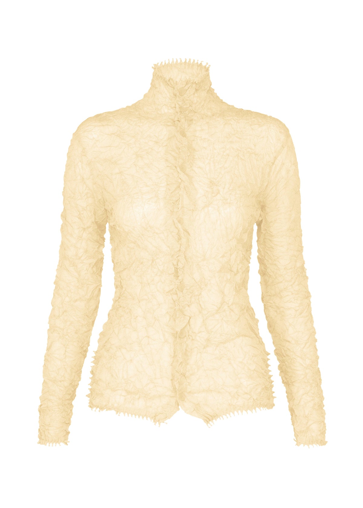The HaaT KUMO SHIBORI KNIT SHEER is a beige, long-sleeve, high-neck fitted top made from textured crinkled ramie-blend fabric, shown against a plain white background. view 1 of 9