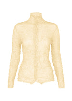 The HaaT KUMO SHIBORI KNIT SHEER is a beige, long-sleeve, high-neck fitted top made from textured crinkled ramie-blend fabric, shown against a plain white background. - OFF WHITE （no.02）