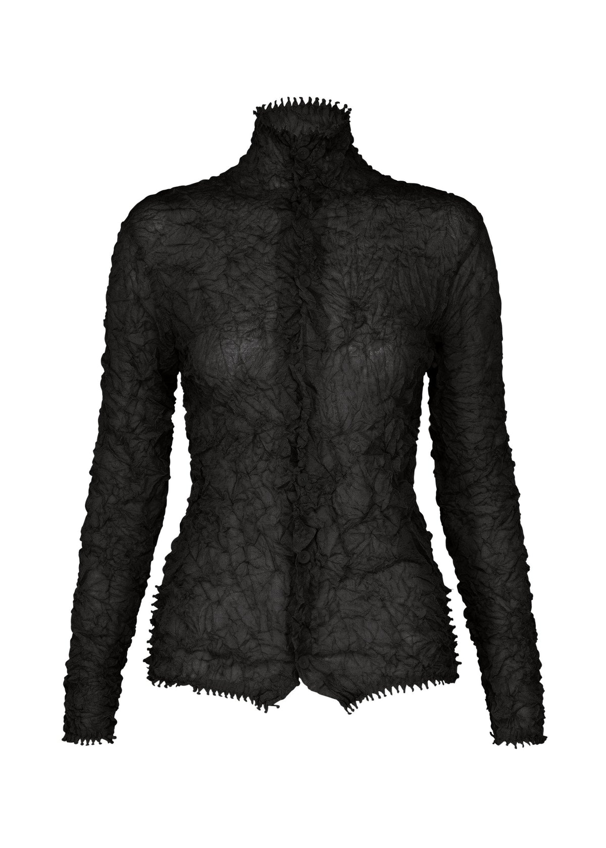 The KUMO SHIBORI KNIT SHEER by HaaT is a black, long-sleeved women's top with a high neck, crafted from sheer crinkled ramie-blend fabric. It features jagged edges and a fitted design that emphasizes its unique, edgy texture. view 2 of 9