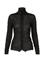 The KUMO SHIBORI KNIT SHEER by HaaT is a black, long-sleeved women's top with a high neck, crafted from sheer crinkled ramie-blend fabric. It features jagged edges and a fitted design that emphasizes its unique, edgy texture. - BLACK （no.15）