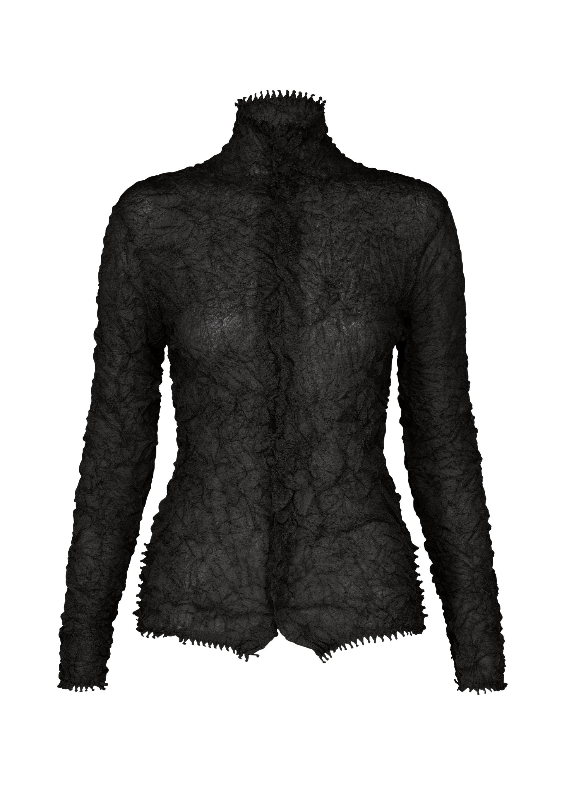 Zoomed view The KUMO SHIBORI KNIT SHEER by HaaT is a black, long-sleeved women's top with a high neck, crafted from sheer crinkled ramie-blend fabric. It features jagged edges and a fitted design that emphasizes its unique, edgy texture. - BLACK （no.15）