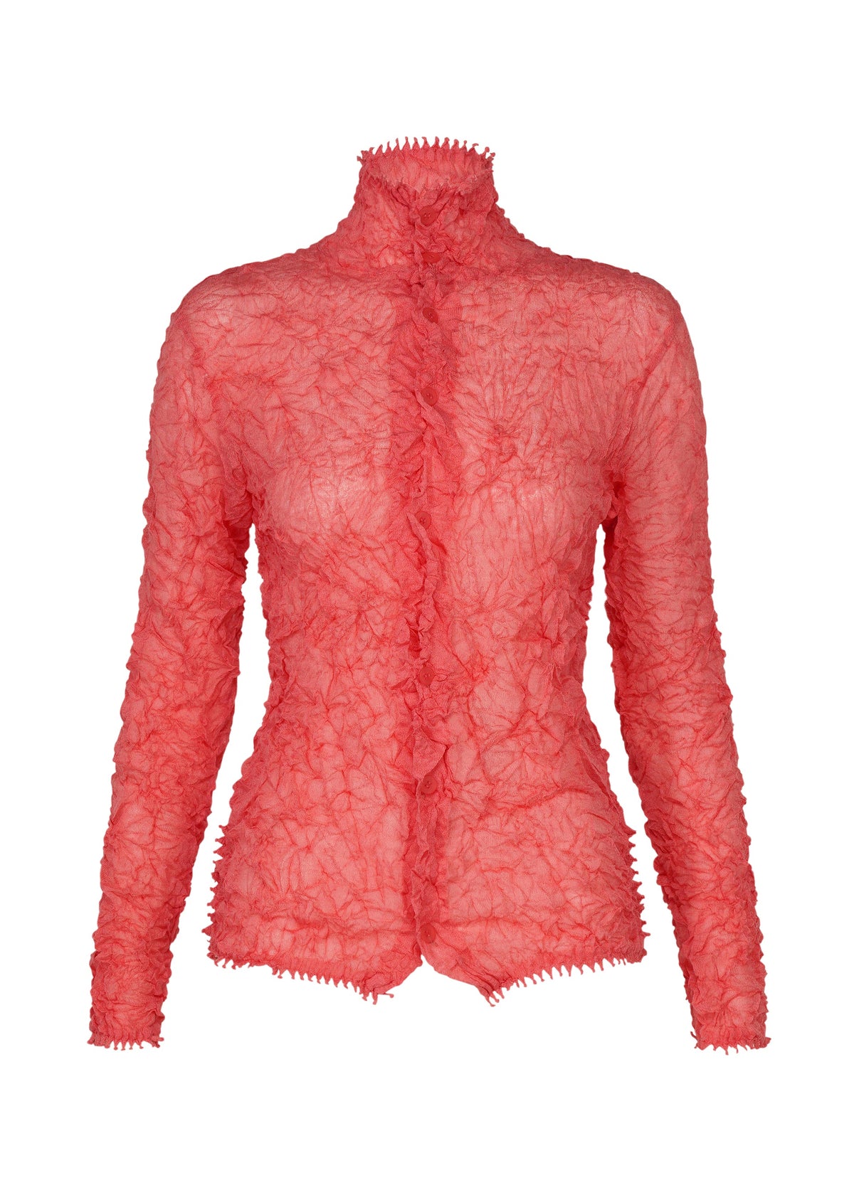 The HaaT KUMO SHIBORI KNIT SHEER is a long-sleeve, semi-transparent, bright pink blouse with a high neckline and a crinkled wavy texture, shown on a plain white background. view 3 of 9