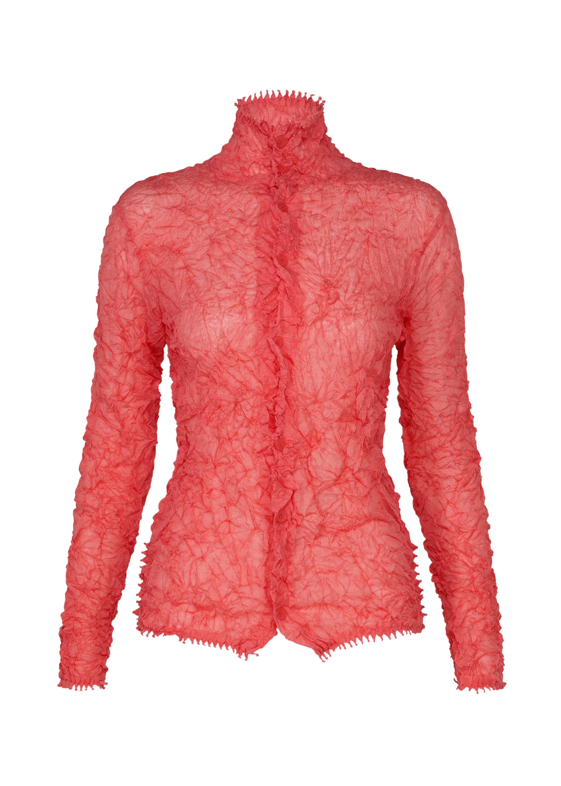 Zoomed view The HaaT KUMO SHIBORI KNIT SHEER is a long-sleeve, semi-transparent, bright pink blouse with a high neckline and a crinkled wavy texture, shown on a plain white background. - PINK （no.22）