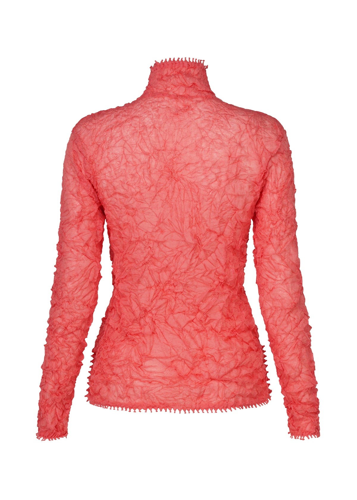 The HaaT KUMO SHIBORI KNIT SHEER is a fitted, long-sleeved pink top with a high neck and crinkled texture, made from a sheer ramie blend, shown from the back on a plain white background. view 4 of 9