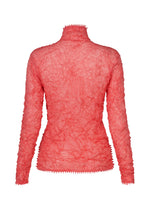 The HaaT KUMO SHIBORI KNIT SHEER is a fitted, long-sleeved pink top with a high neck and crinkled texture, made from a sheer ramie blend, shown from the back on a plain white background.