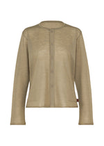 The HaaT AIRY POCKET LAYERS cardigan is a light brown, long-sleeved piece in a minimalist knit design. Crafted from a sheer polyester-wool blend, it features a round neckline and front button closure, and is displayed against a plain white background. The fabric appears thin and lightweight. - SAND （no.47）