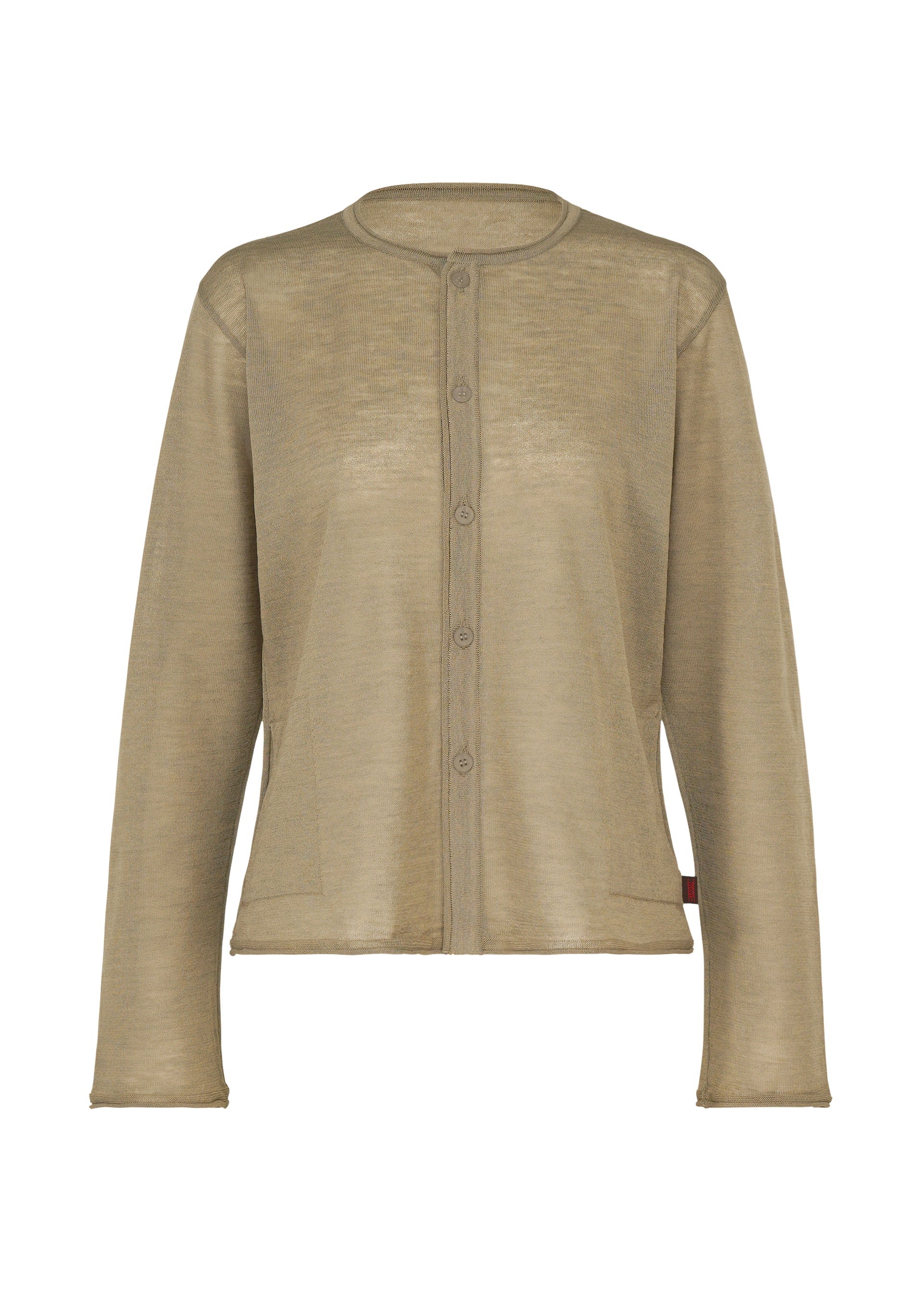 Zoomed view The HaaT AIRY POCKET LAYERS cardigan is a light brown, long-sleeved piece in a minimalist knit design. Crafted from a sheer polyester-wool blend, it features a round neckline and front button closure, and is displayed against a plain white background. The fabric appears thin and lightweight. - SAND （no.47）