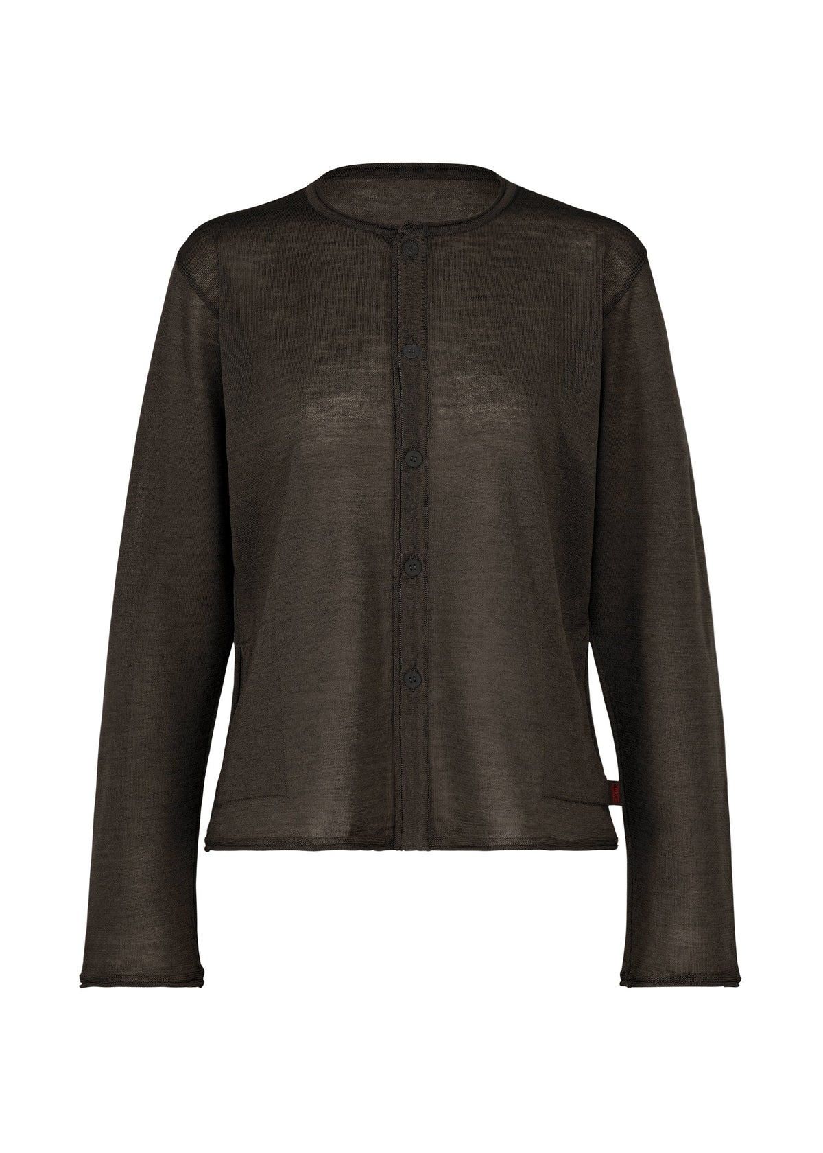 The AIRY POCKET LAYERS by HaaT is a sheer, long-sleeved cardigan in a minimalist knit, featuring a round neckline and front button closure, crafted from a soft polyester wool blend and displayed on a plain white background. view 2 of 8