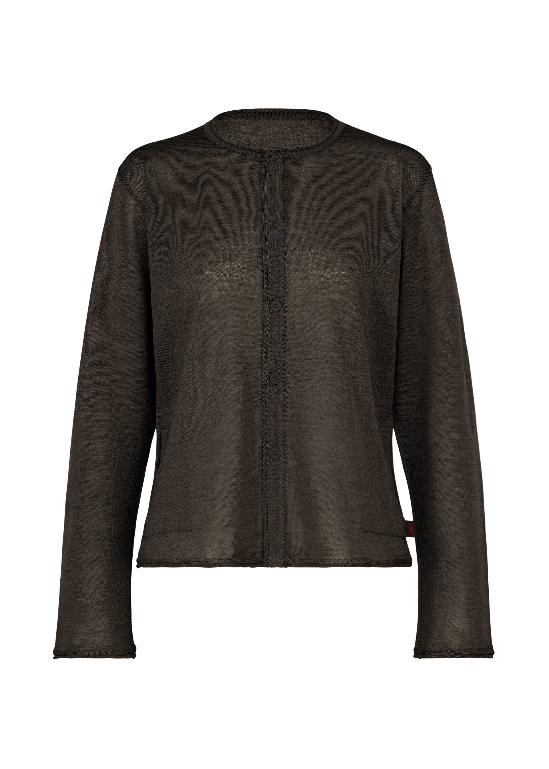 Zoomed view The AIRY POCKET LAYERS by HaaT is a sheer, long-sleeved cardigan in a minimalist knit, featuring a round neckline and front button closure, crafted from a soft polyester wool blend and displayed on a plain white background. - CRAY （no.48）