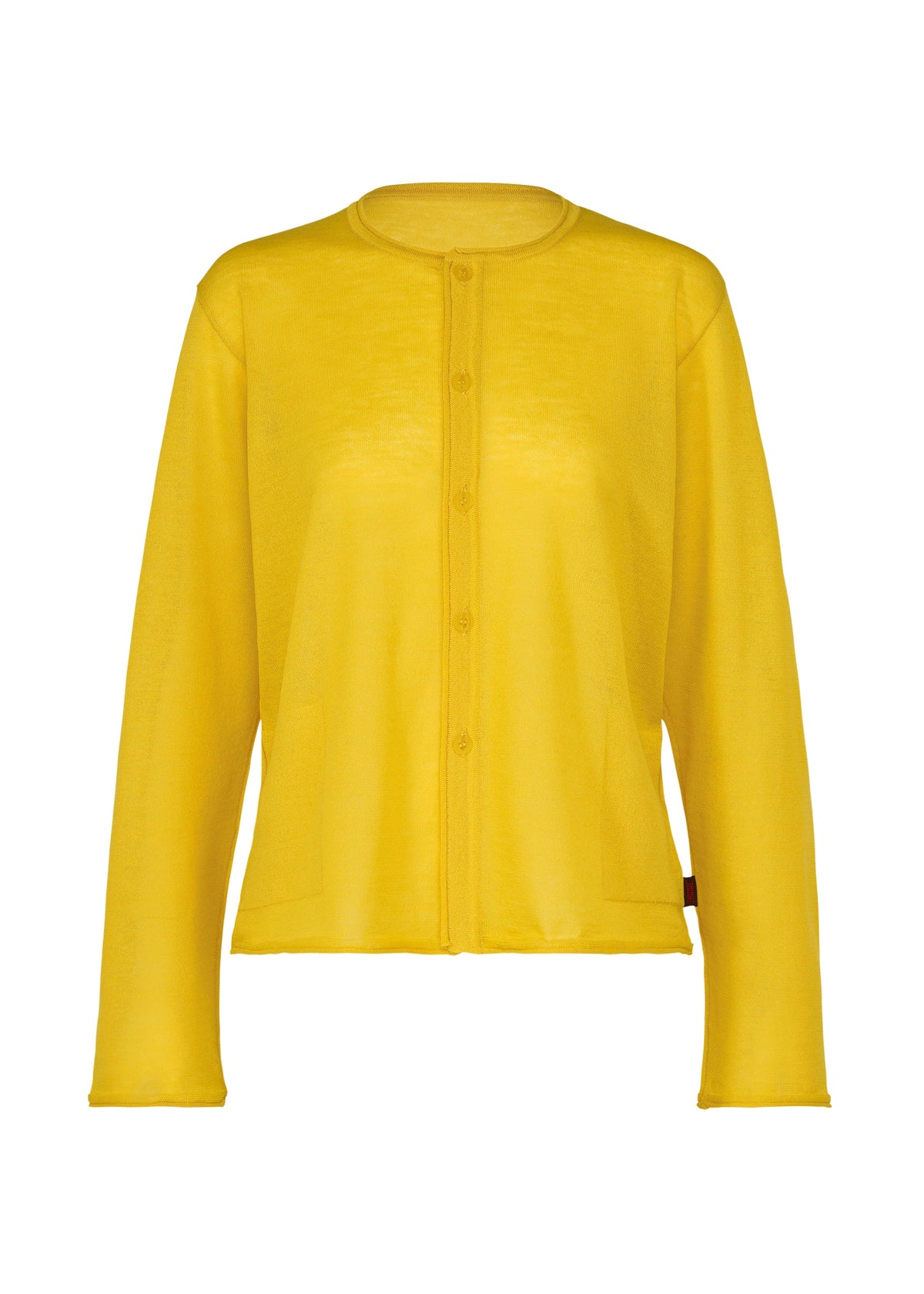 The AIRY POCKET LAYERS by HaaT is a vibrant yellow, long-sleeved cardigan made from a soft polyester wool blend. It features front buttons, a round neckline, and two front pockets, shown against a white background. view 3 of 8
