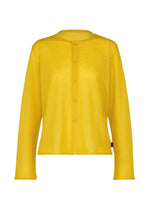 The AIRY POCKET LAYERS by HaaT is a vibrant yellow, long-sleeved cardigan made from a soft polyester wool blend. It features front buttons, a round neckline, and two front pockets, shown against a white background. - SUN YELLOW （no.55）