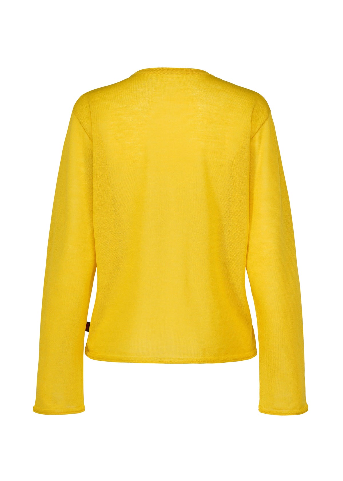 The AIRY POCKET LAYERS by HaaT is displayed from the back against a white background. This minimalist long-sleeved yellow shirt is crafted from a knit polyester wool blend and features a round neckline with a clean, pattern-free design—absent of visible logos or buttons. view 4 of 8
