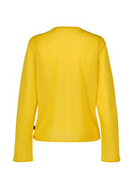 The AIRY POCKET LAYERS by HaaT is displayed from the back against a white background. This minimalist long-sleeved yellow shirt is crafted from a knit polyester wool blend and features a round neckline with a clean, pattern-free design—absent of visible logos or buttons.