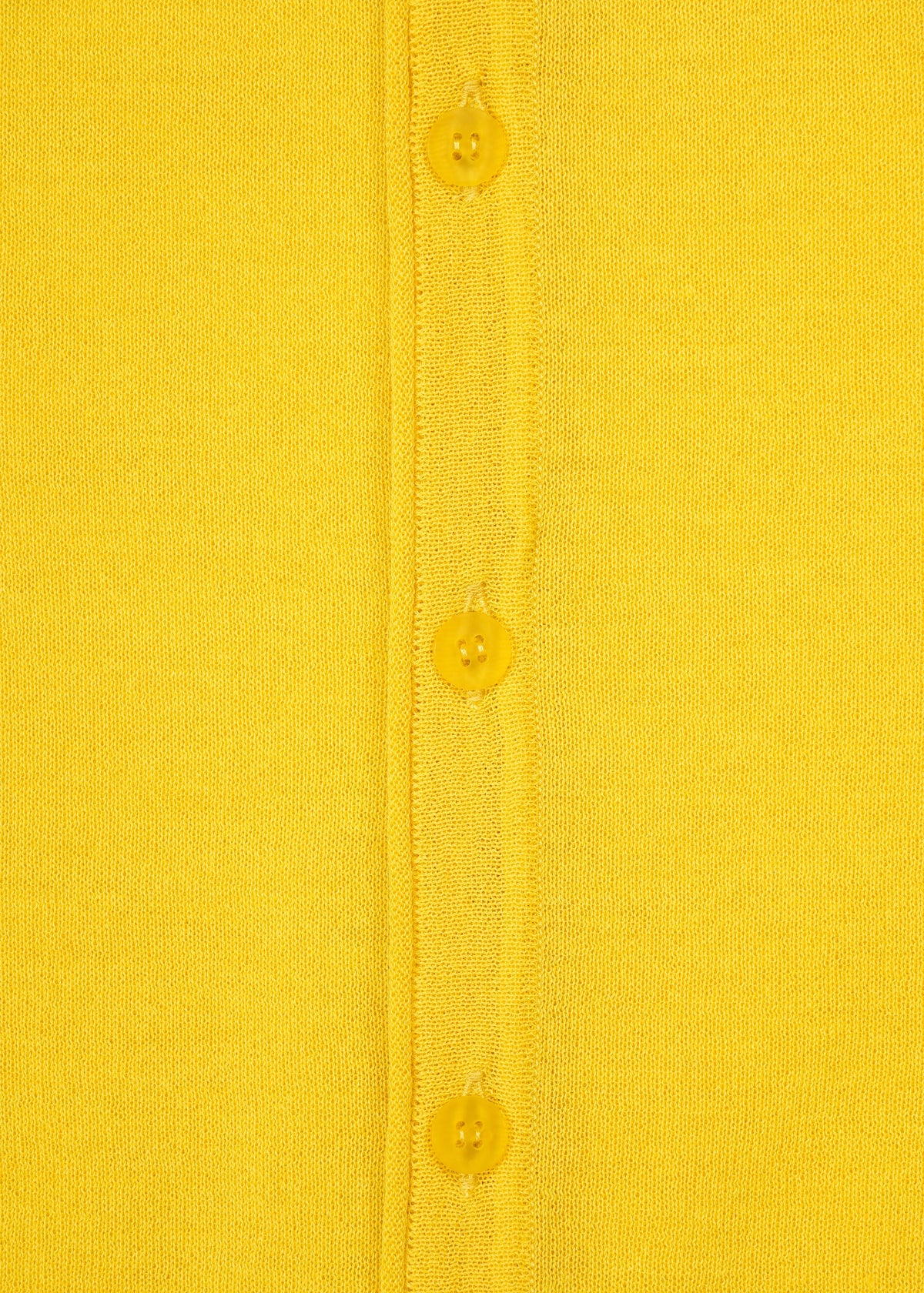 Close-up of a yellow minimalist knit fabric from the AIRY POCKET LAYERS collection by HaaT, featuring three yellow buttons sewn down the center—likely part of a long-sleeved cardigan. The texture of the polyester wool blend is visible. view 5 of 8