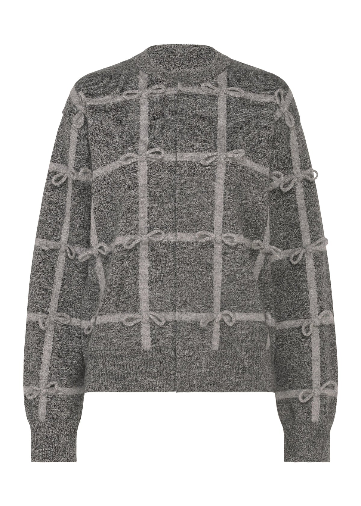 Zoomed view The RIBBON KNIT by HaaT features a gray grid-patterned cardigan with tied ribbons at each intersection, long sleeves, ribbed cuffs, and a cozy crew neckline. - GRAY （no.12）