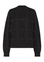 The RIBBON KNIT by HaaT is a black long-sleeve cardigan featuring a checkered pattern of subtle, raised bows on the front and sleeves. - BLACK （no.15）