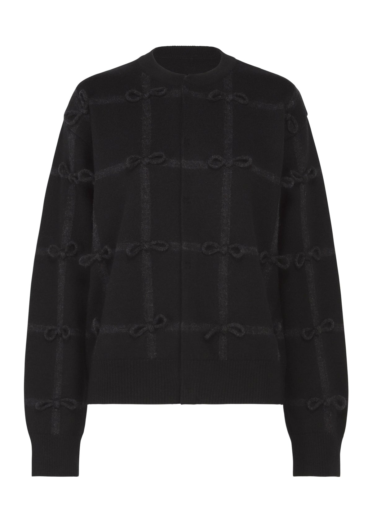 Zoomed view The RIBBON KNIT by HaaT is a black long-sleeve cardigan featuring a checkered pattern of subtle, raised bows on the front and sleeves. - BLACK （no.15）
