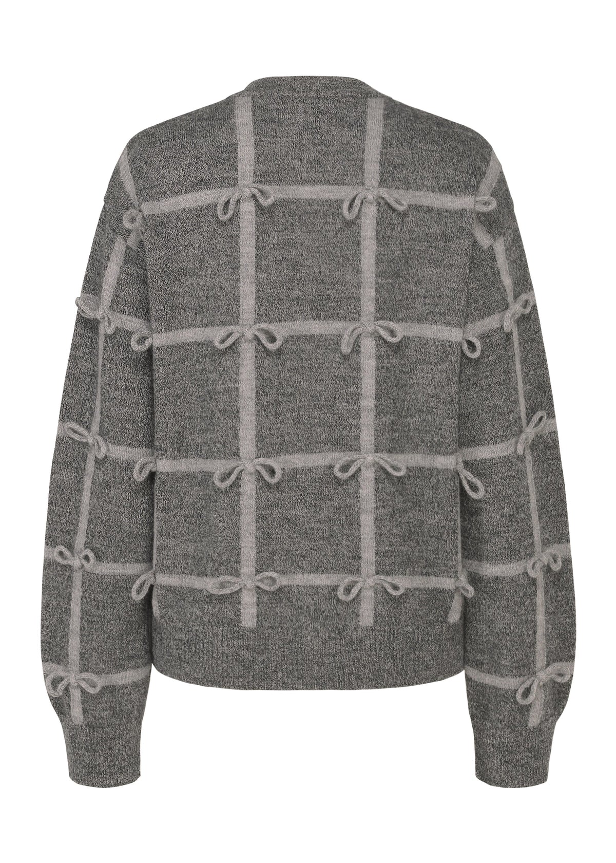 Zoomed view The RIBBON KNIT by HaaT is a gray fulled wool cardigan with a light gray grid pattern and small tied ribbons at each grid intersection, shown from the back.