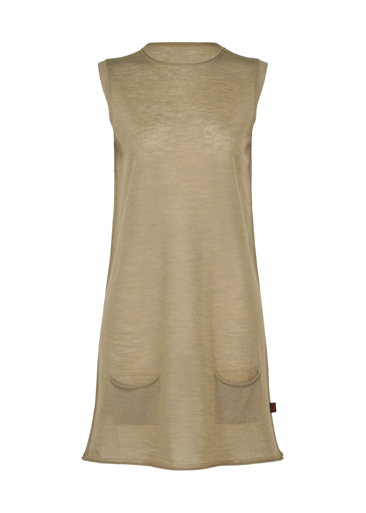 The HaaT AIRY POCKET LAYERS is a sleeveless, knee-length beige tunic dress featuring a round neckline and two front pockets, showcased against a white background; its minimalist knit design is ideal for layered styling. view 1 of 8