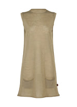 The HaaT AIRY POCKET LAYERS is a sleeveless, knee-length beige tunic dress featuring a round neckline and two front pockets, showcased against a white background; its minimalist knit design is ideal for layered styling. - SAND （no.47）