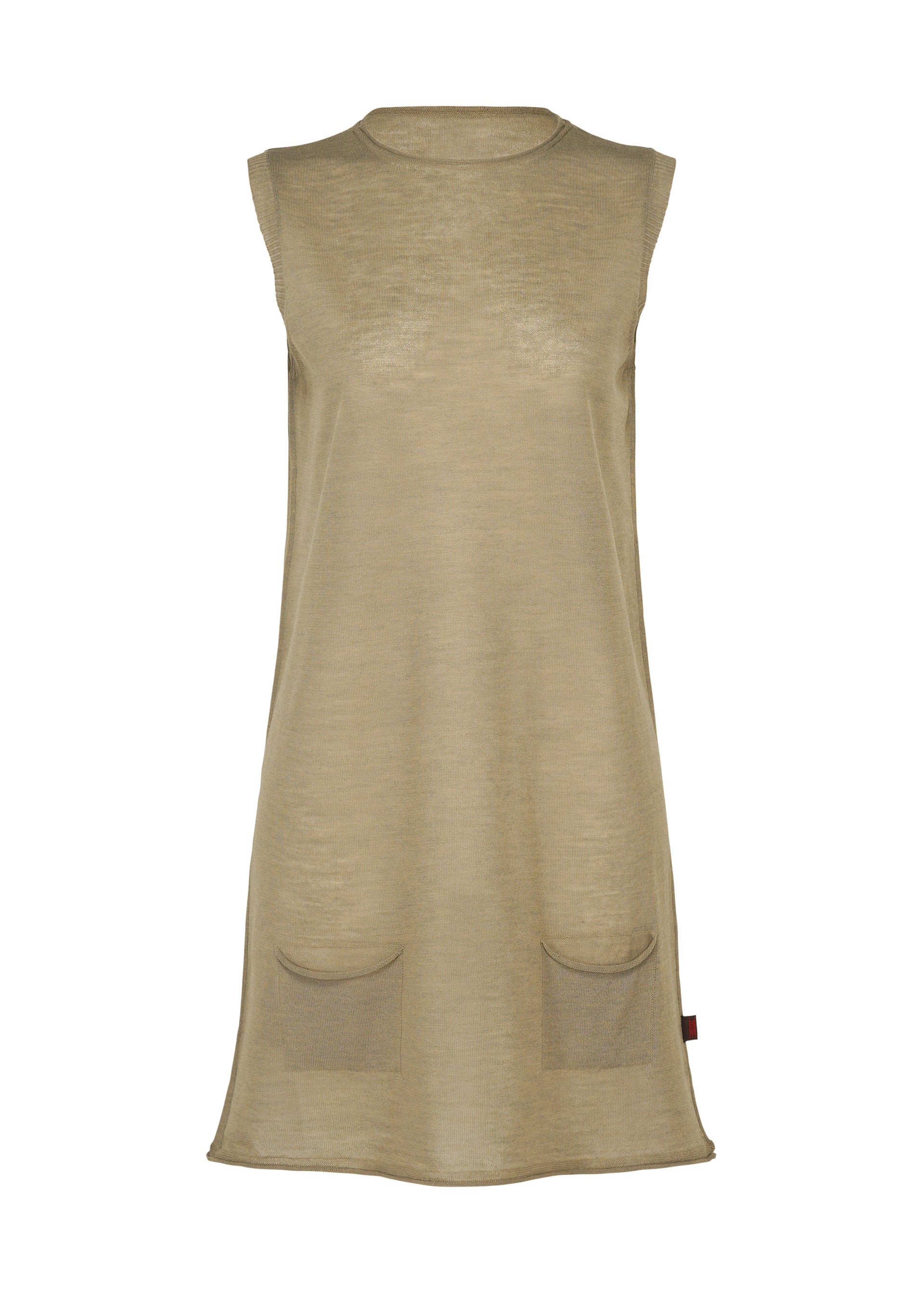 Zoomed view The HaaT AIRY POCKET LAYERS is a sleeveless, knee-length beige tunic dress featuring a round neckline and two front pockets, showcased against a white background; its minimalist knit design is ideal for layered styling. - SAND （no.47）