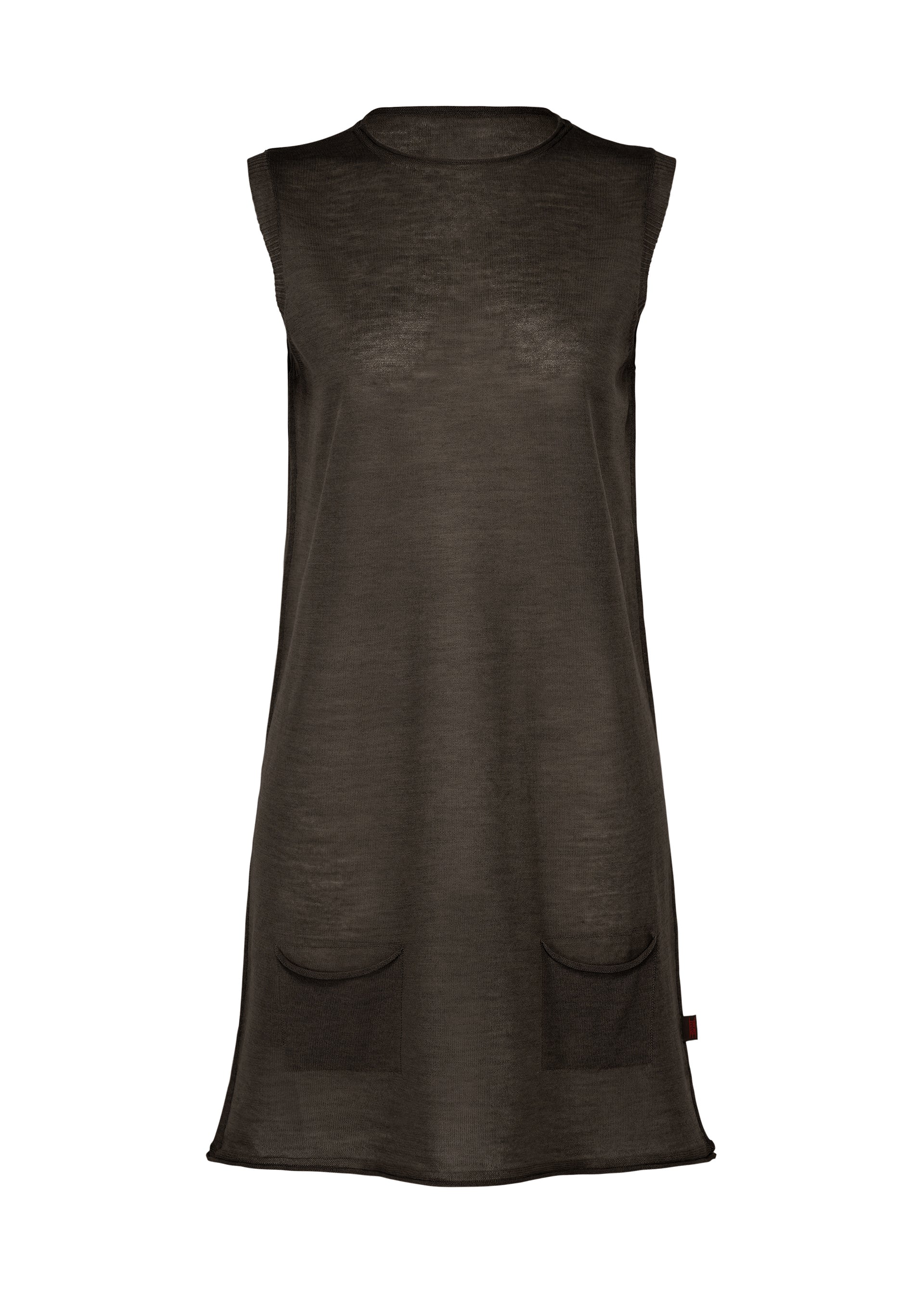 Zoomed view The AIRY POCKET LAYERS by HaaT is a sleeveless black tunic dress featuring a round neckline and two front pockets, displayed on a plain white background. - CRAY （no.48）